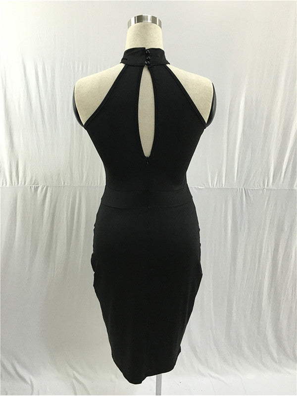 SOLID MESH HALTER NECK SLEEVELESS MIDI DRESS - BEYOU Apparel and Accessories, LLC