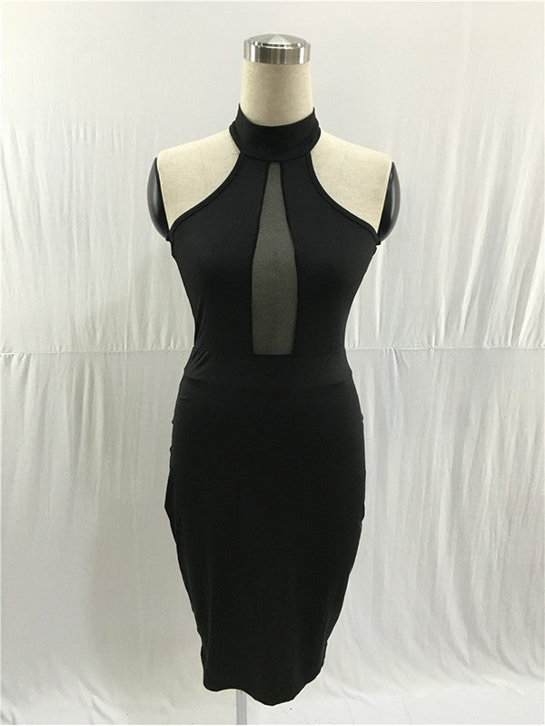 SOLID MESH HALTER NECK SLEEVELESS MIDI DRESS - BEYOU Apparel and Accessories, LLC