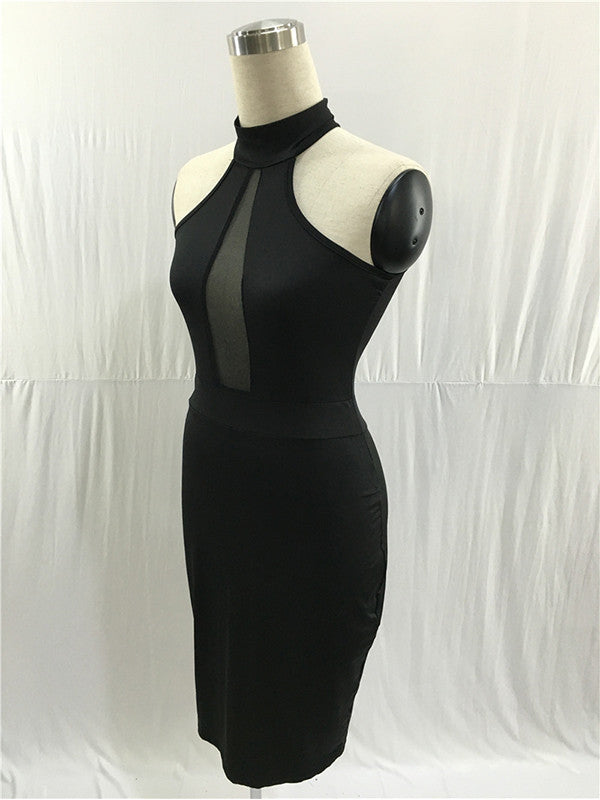 SOLID MESH HALTER NECK SLEEVELESS MIDI DRESS - BEYOU Apparel and Accessories, LLC