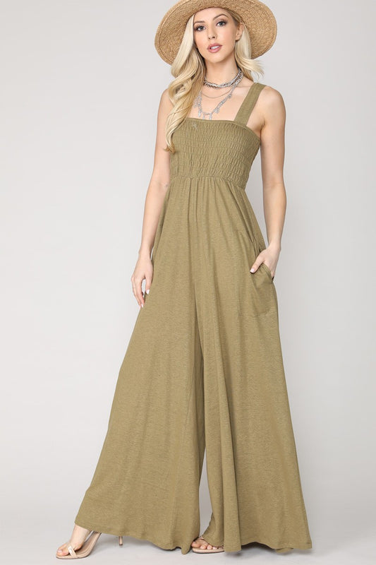 Stretchy Ultra Wide Leg Silhouette Smocked Design Jumpsuit - BEYOU Apparel and Accessories