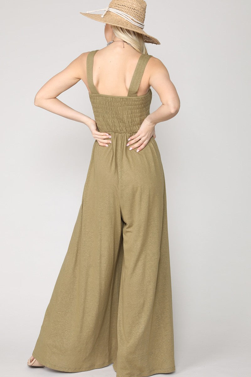 Stretchy Ultra Wide Leg Silhouette Smocked Design Jumpsuit - BEYOU Apparel and Accessories