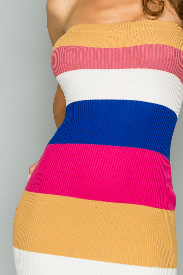 RAINBOW STRIPED KNIT STRECHABLE TUBE MINI DRESS - BEYOU Apparel and Accessories, LLC