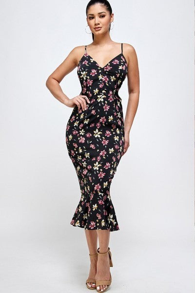 MERMAID FLORAL PRINT MIDI DRESS - BEYOU Apparel and Accessories
