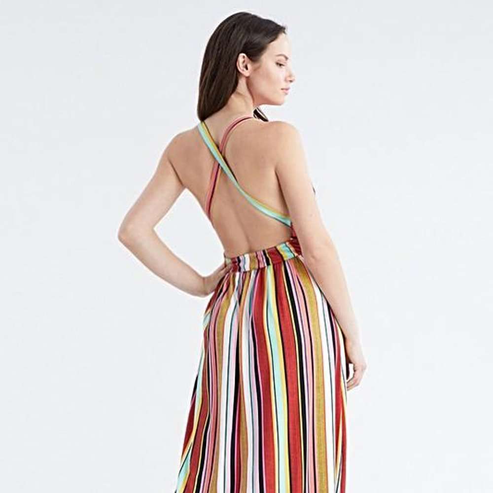 RAINBOW STRIPED COLORFUL PRINT SLEEVELESS MAXI DRESS - BEYOU Apparel and Accessories, LLC