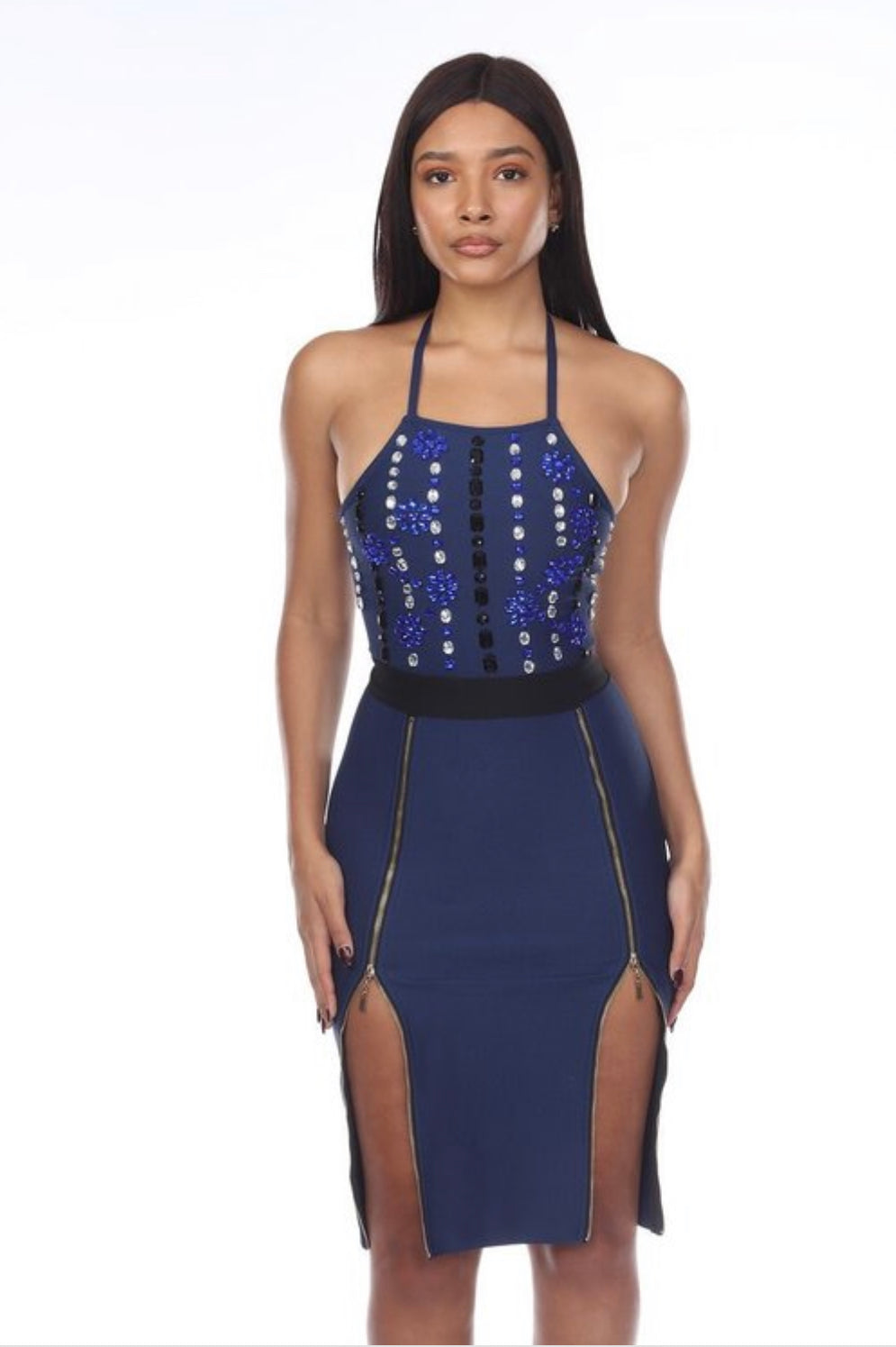 LEG DARK BLUE MIDI DRESS - BEYOU Apparel and Accessories