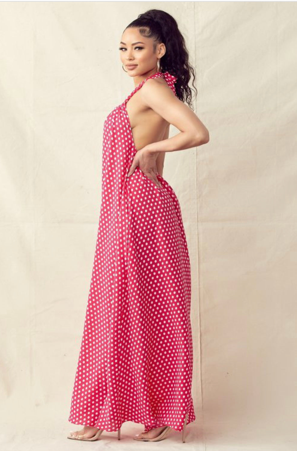 Polka print Oversized Open Back Maxi Dress With Halter Neck Side Pockets - BEYOU Apparel and Accessories