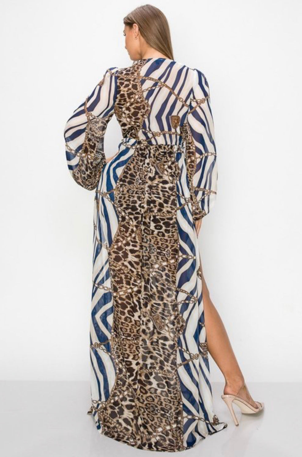 ANIMAL MULTI PRINTED LONG SLEEVE V NECK CENTER SLIT ROMPER/DRESS NEW ARRIVAL - BEYOU Apparel and Accessories