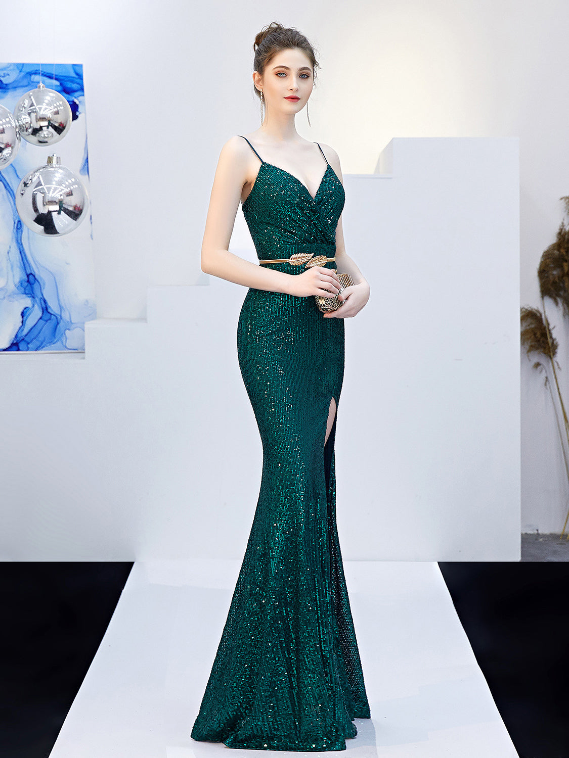 Sexy Sequin High Split Evening Dress With Belt - BEYOU Apparel and Accessories