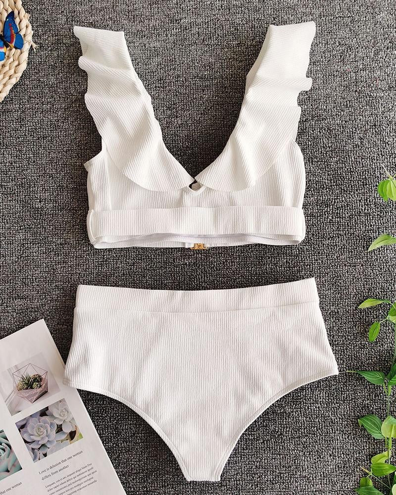 Ruffles Trim Plunge Buckle Decor Tankini Set - BEYOU Apparel and Accessories, LLC