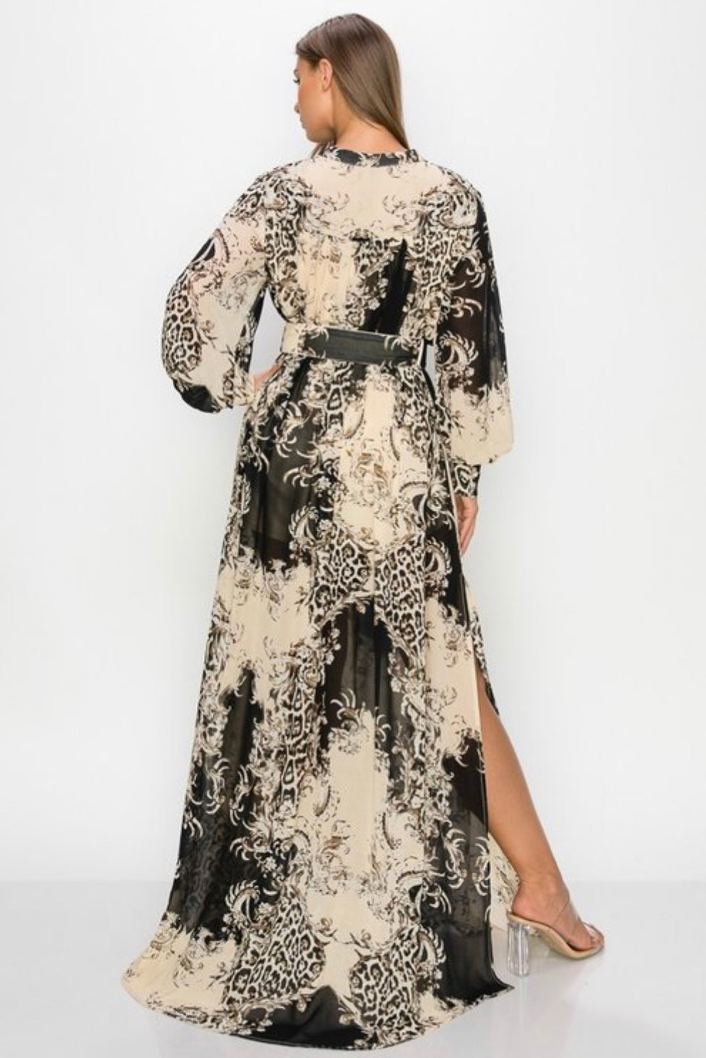 MULTI PRINTED BUTTON DOWN LONG SLEEVE BELTED BOTH SIDE SLIT MAXI DRESS NEW ARRIVAL - BEYOU Apparel and Accessories