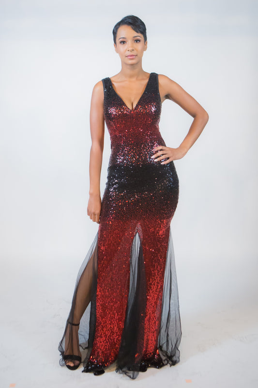 DEEP V NECK RED CARPET STYLE MAXI DRESS - BEYOU Apparel and Accessories, LLC