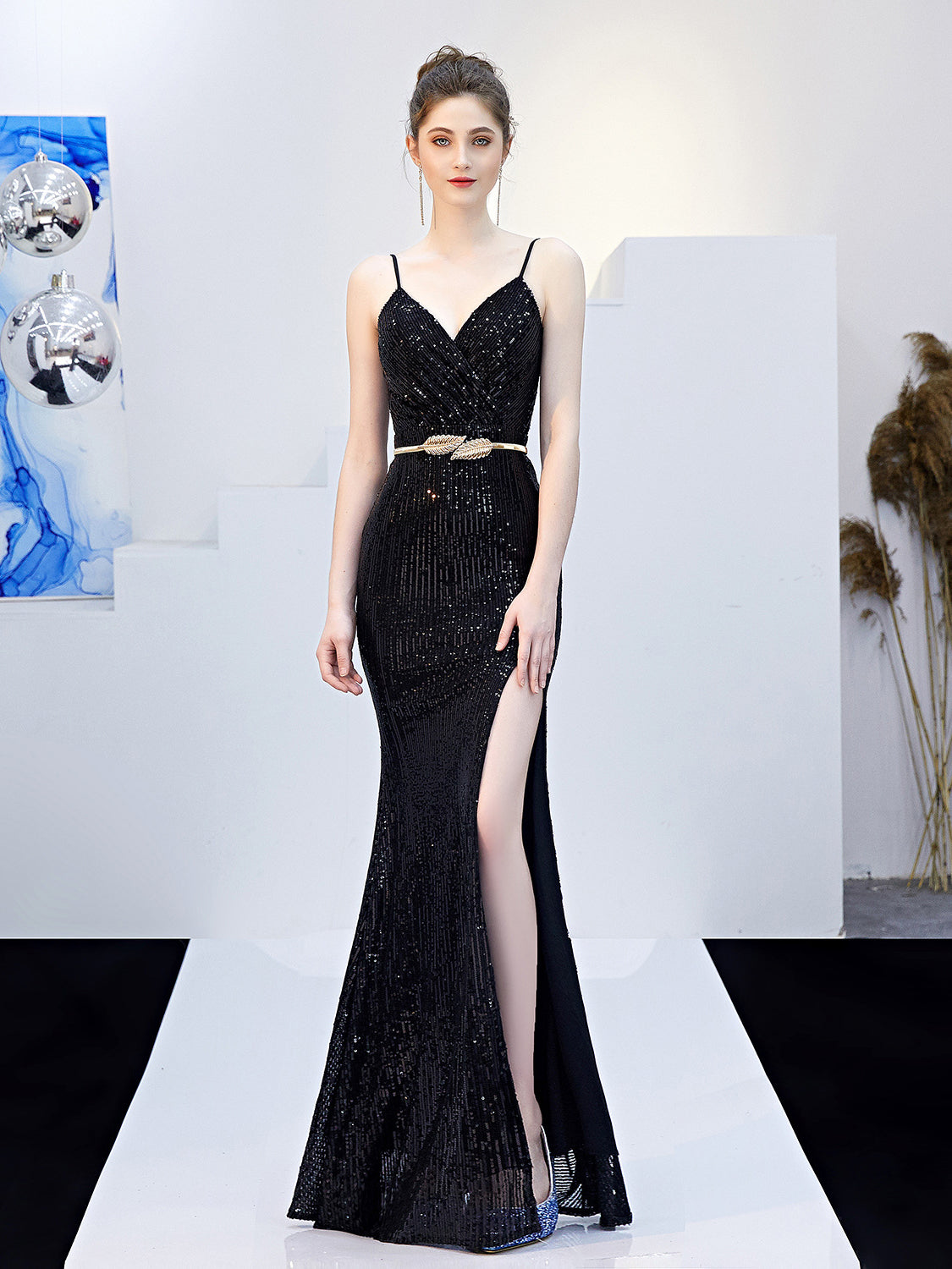 Sexy Sequin High Split Evening Dress With Belt - BEYOU Apparel and Accessories