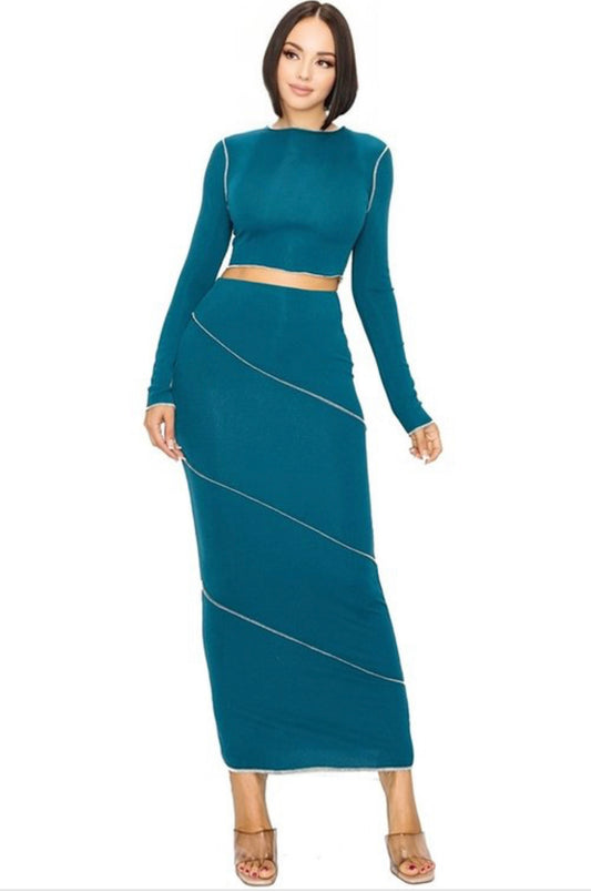 SOLID CONTRAST OVERLOCK STITCH 2 PIECE MAXI SKIRT SET New Arrival