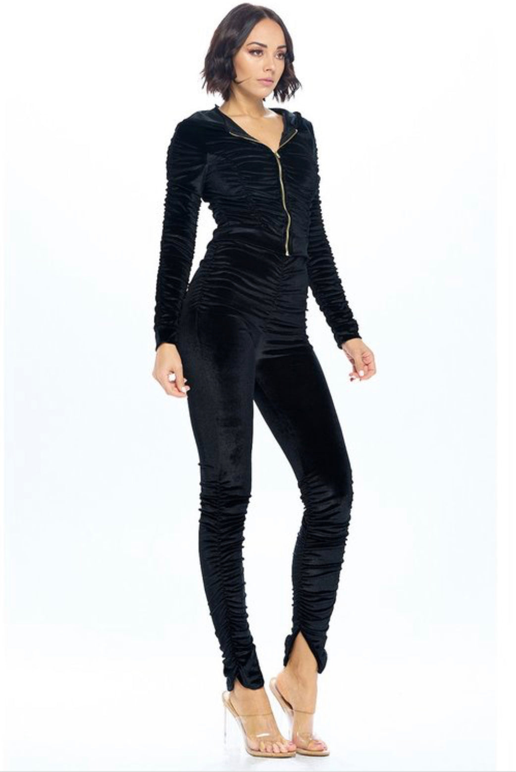 NEW ARRIVAL HOODED SHIRRED VELVET 2 PEICE HOODIE SET - BEYOU Apparel and Accessories