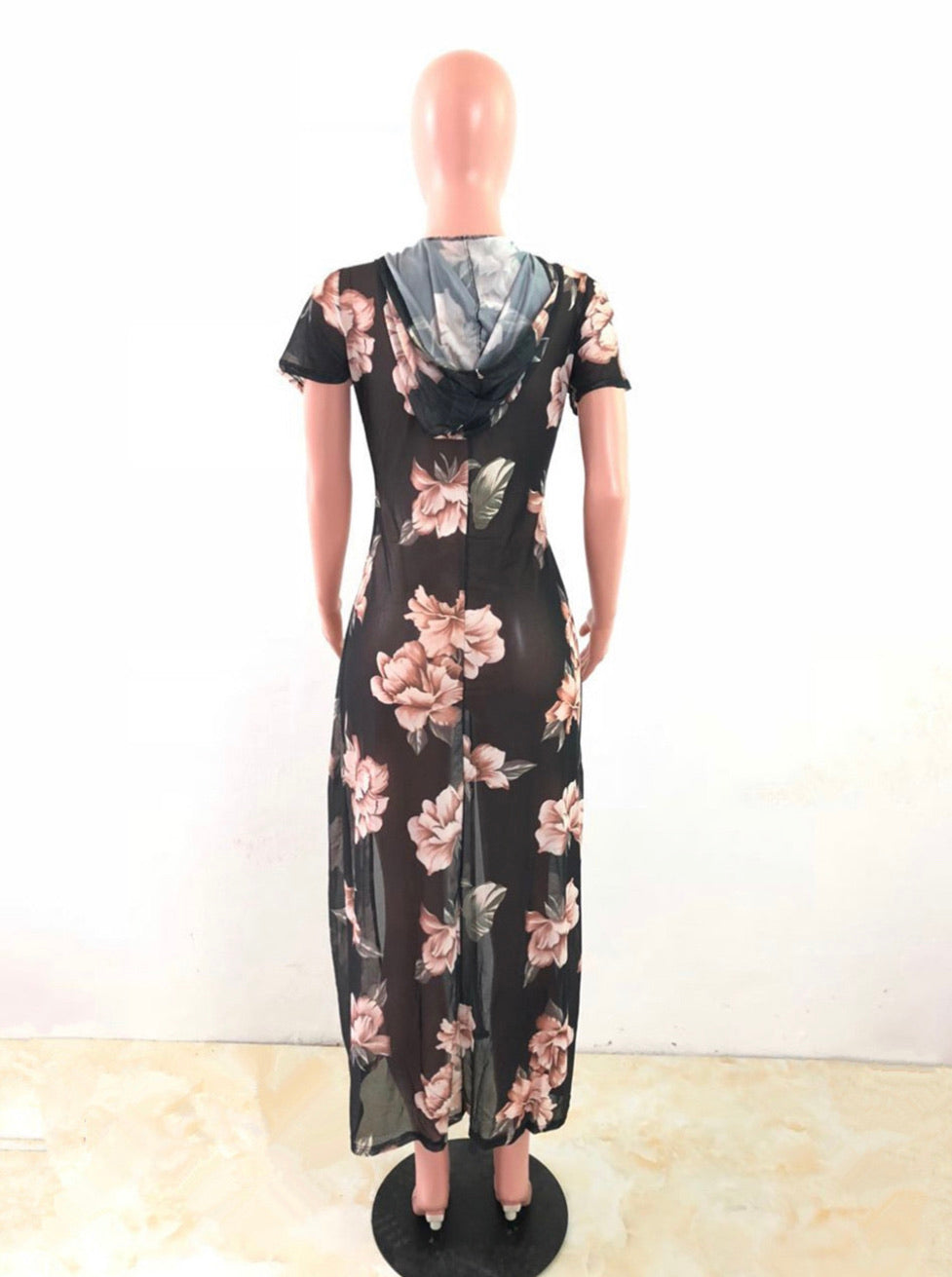 HOODED COLLAR SHORT SLEEVE CHIFFON FLOWER PRINT FRONT SLIT MAXI DRESS - BEYOU Apparel and Accessories, LLC