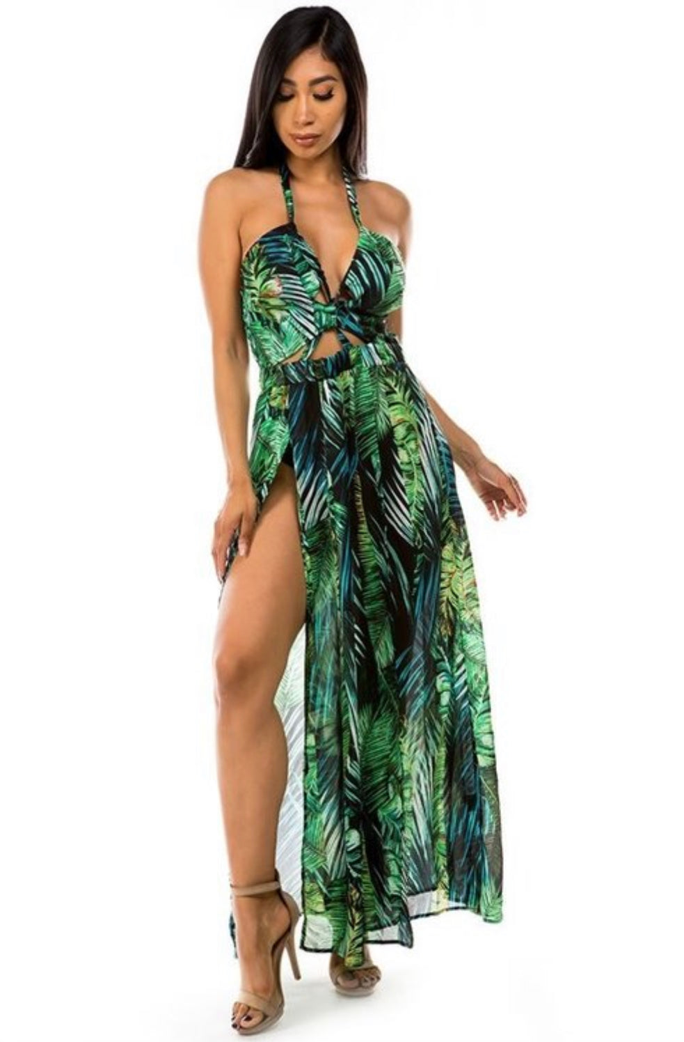 V Neckline With Strip Look Sleeveless, Cut Off Look Maxi Dress - BEYOU Apparel and Accessories