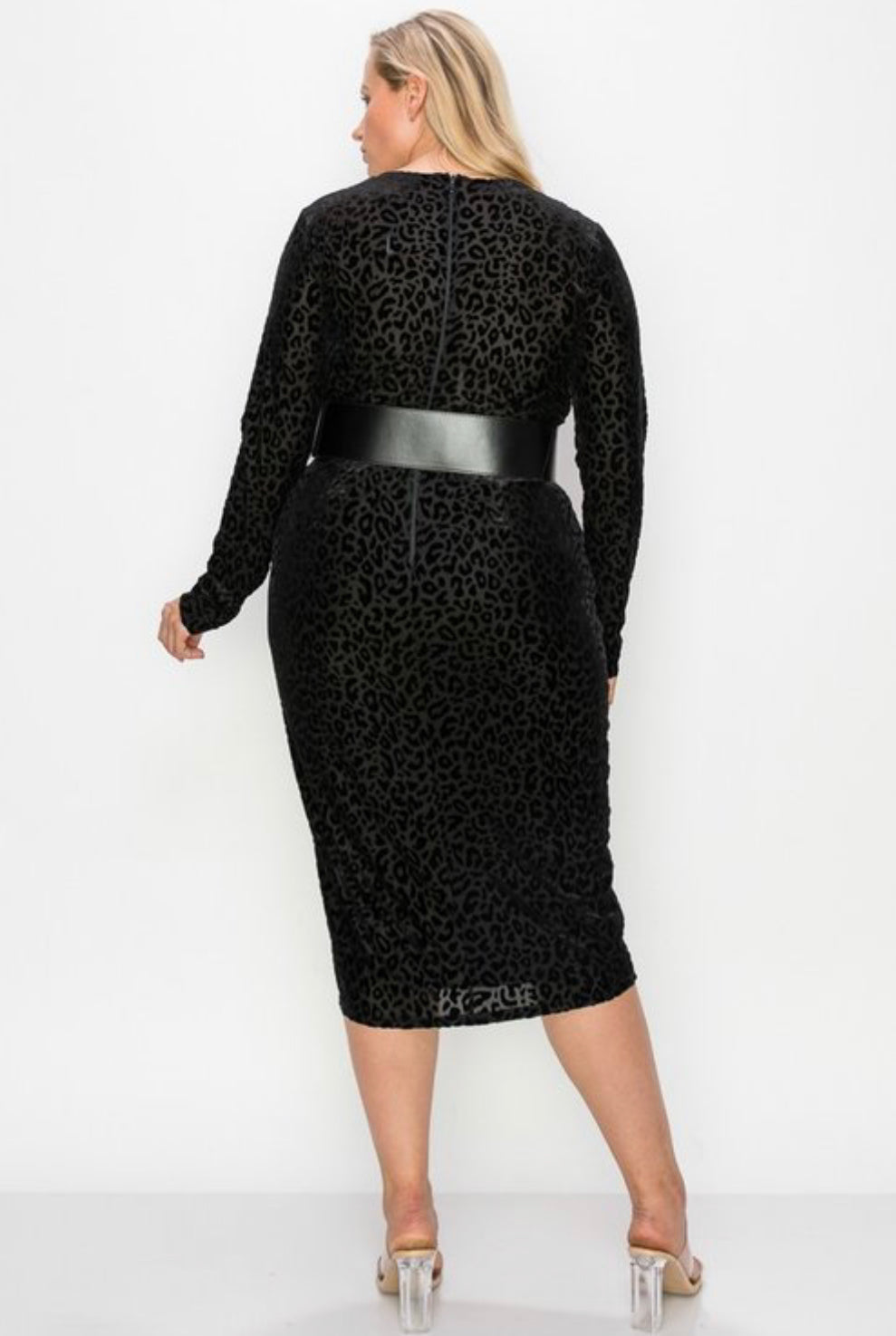 VELVET/MESH LEOPARD PATTERN LONG SLEEVE V NECK MIDI DRESS W/BELT NEW ARRIVAL - BEYOU Apparel and Accessories