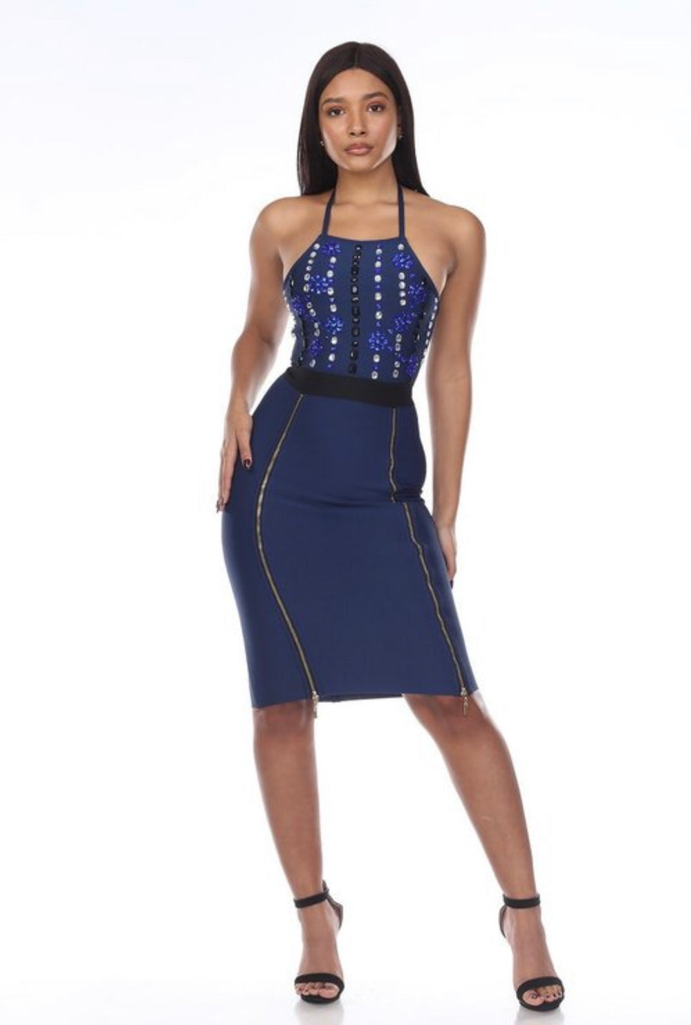 LEG DARK BLUE MIDI DRESS - BEYOU Apparel and Accessories