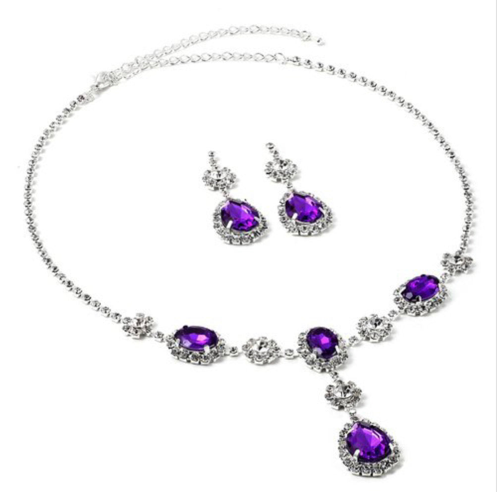 Silver Amethyst Rhinestone Teardrop Shaped Necklace Set - BEYOU Apparel and Accessories