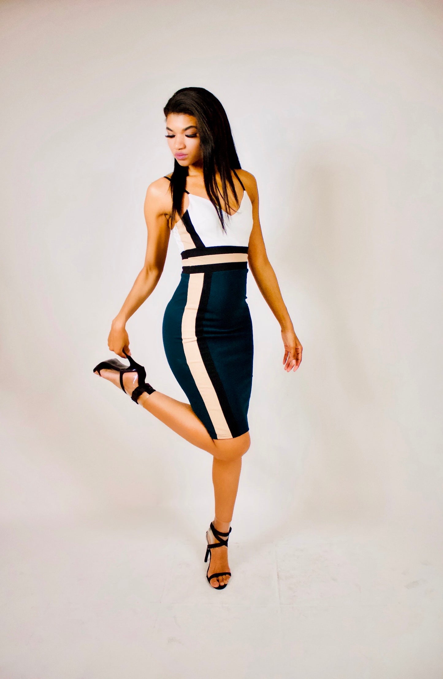 COLOR BLOCK SPAGHETTI BODYCON CASUAL AND SPECIAL OCCASION MIDI DRESS - BEYOU Apparel and Accessories, LLC