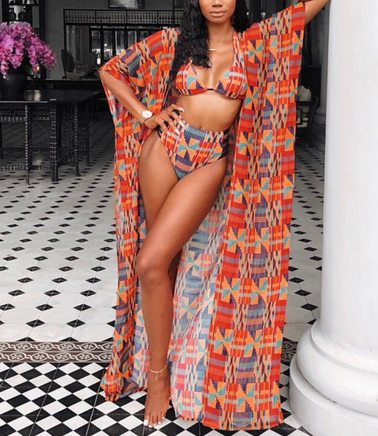 GEOMETRIC PRINTED FASHION HIGH WAISTED 2 PIECE SWIMWEAR WITH COVER UP - BEYOU Apparel and Accessories, LLC