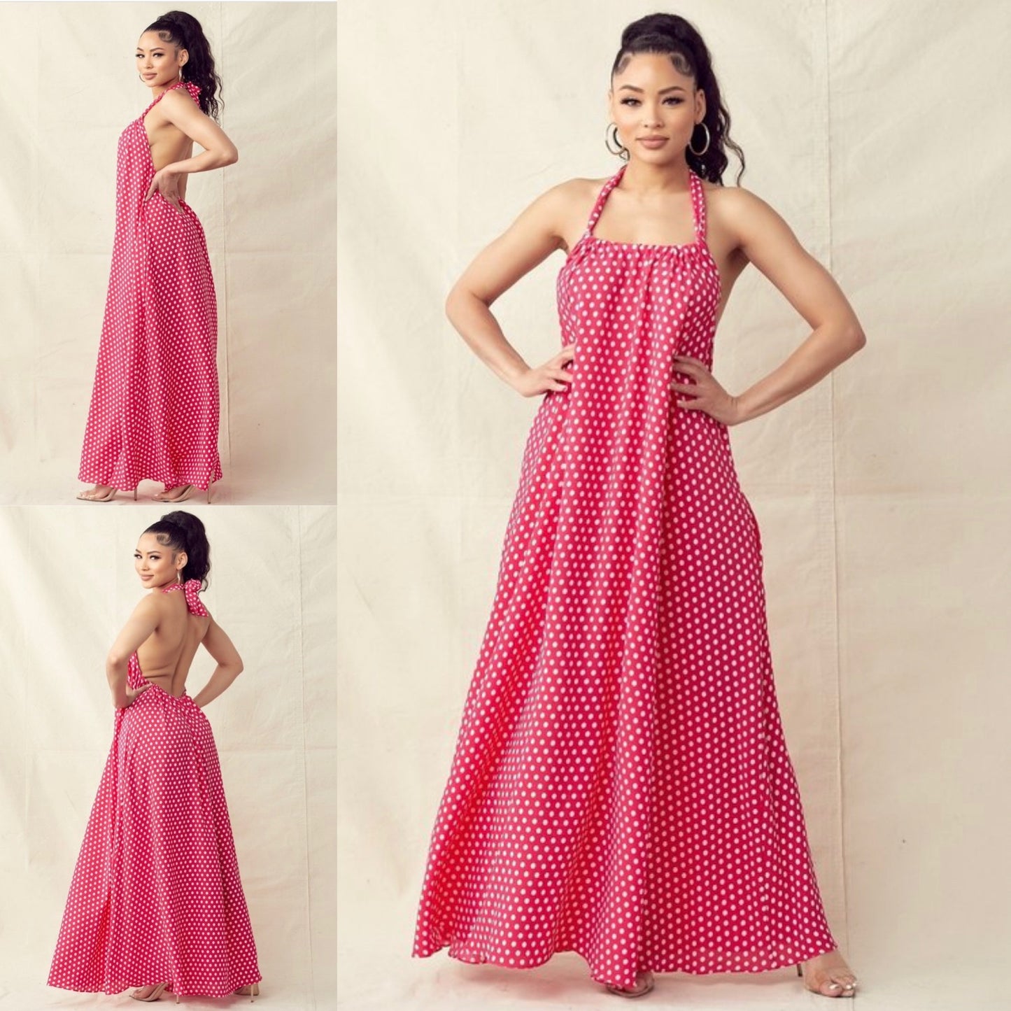 Oversized Polkadot Open Back With Halter Neck Side Pocket Maxi Dress - BEYOU Apparel and Accessories