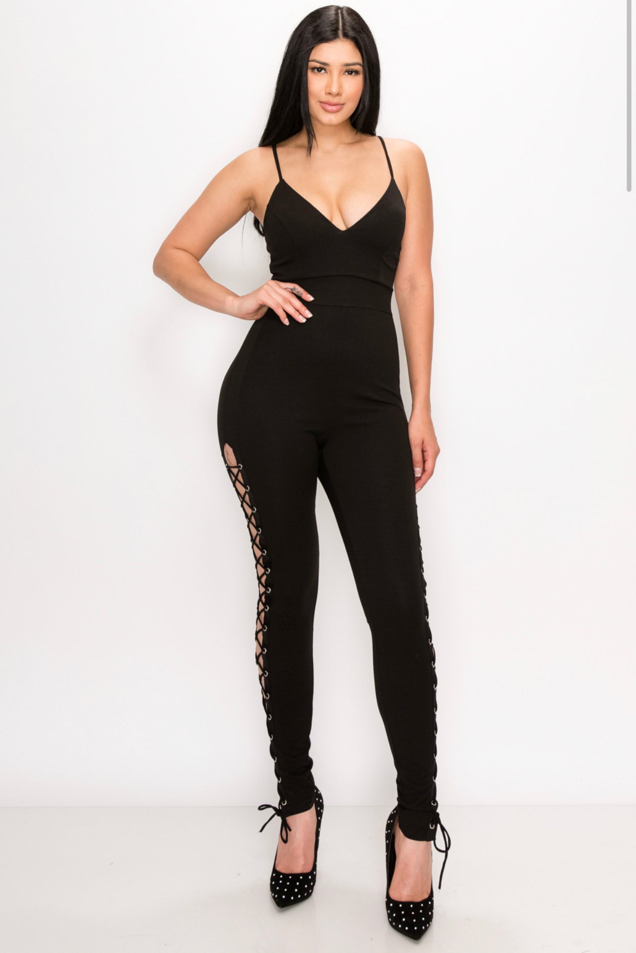 SIDE STRING CRISS CROSS EYELET METRO GAL JUMPSUIT NEW ARRIVALS - BEYOU Apparel and Accessories, LLC