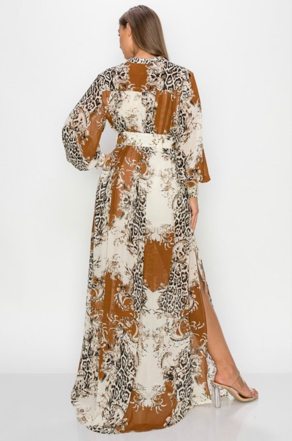 MULTI PRINTED BUTTON DOWN LONG SLEEVE BELTED BOTH SIDE SLIT MAXI DRESS NEW ARRIVAL - BEYOU Apparel and Accessories