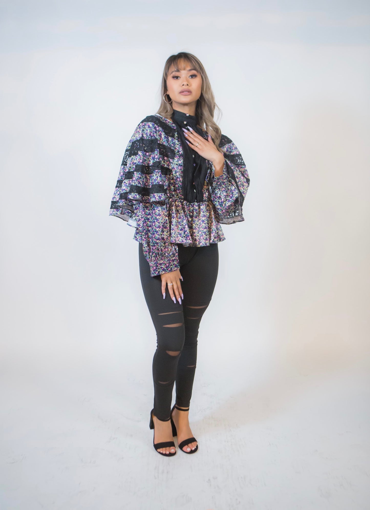 STAND COLLAR LANTERN PATCHWORK LONG SLEEVE TOP - BEYOU Apparel and Accessories, LLC
