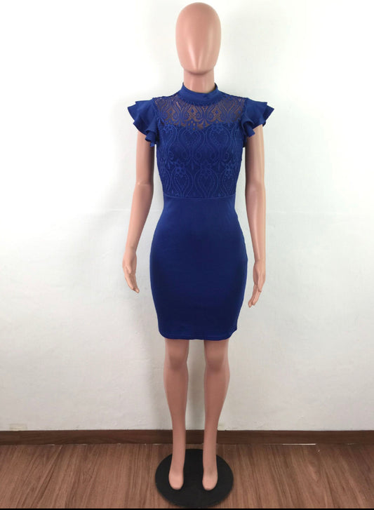BLUE LACE UP STYLE PATCHWORK BODYCON SLIM FIT  MINI DRESS - BEYOU Apparel and Accessories, LLC
