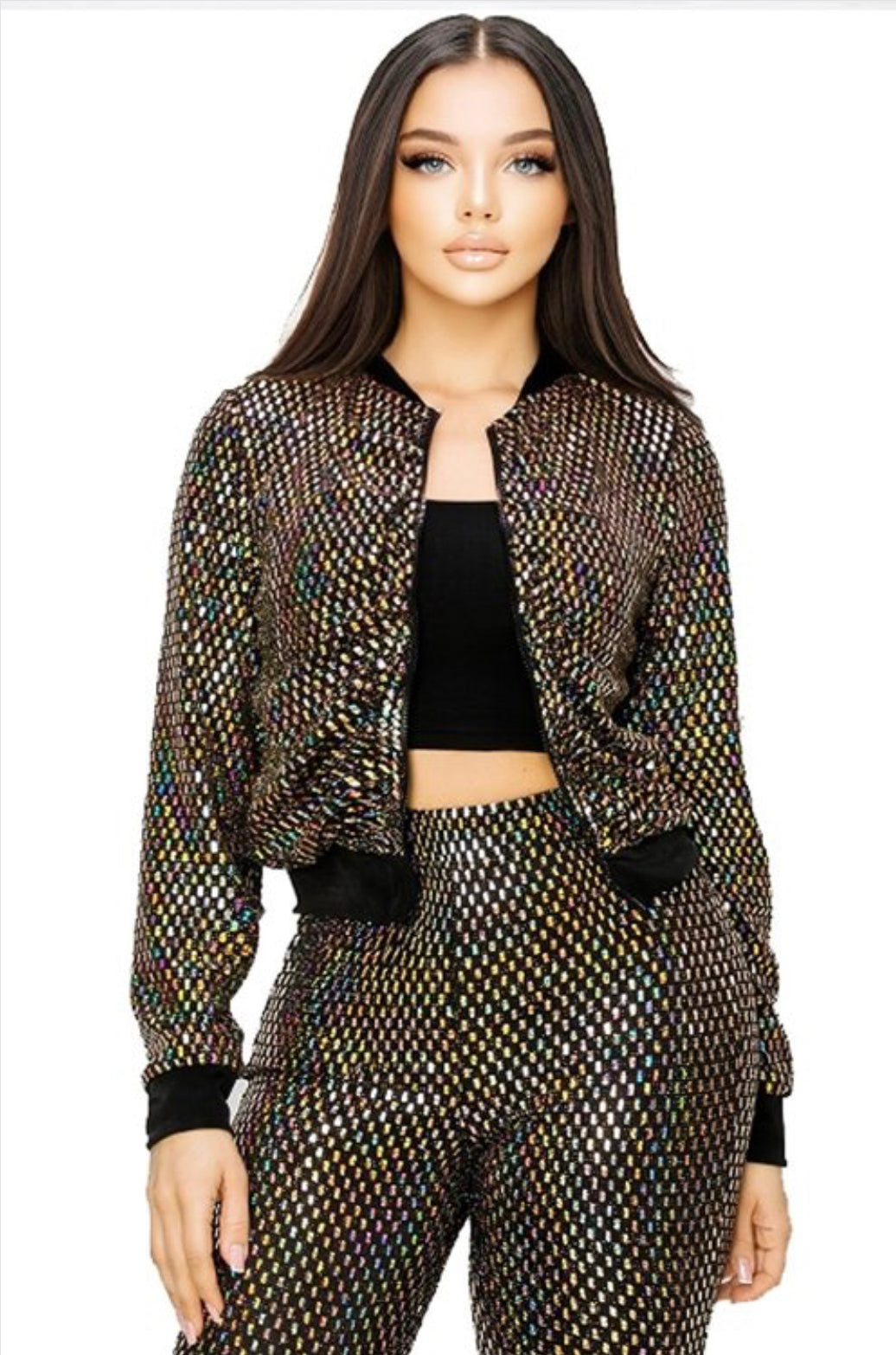 METALLIC SEQUIN 2 PEICE MOTO JACKET SET New Arrival
