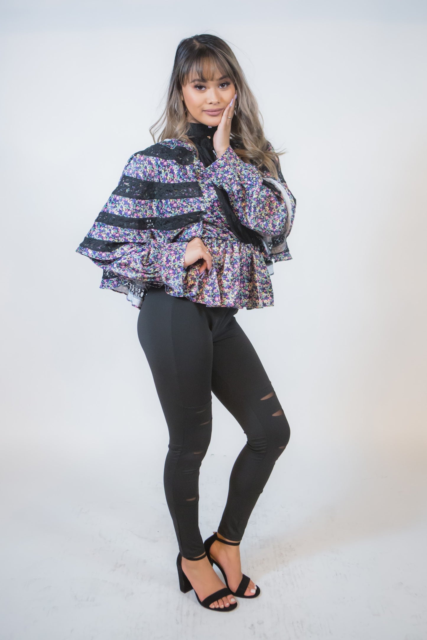 STAND COLLAR LANTERN PATCHWORK LONG SLEEVE TOP - BEYOU Apparel and Accessories, LLC