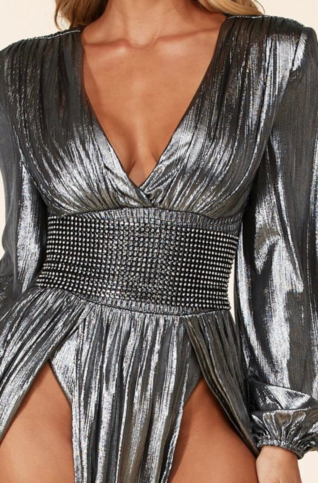 New Arrival Rustic Metallic Maxi Dress Features Surplice V neck, Smocked Waistband Atop Gathered Skirt Embellished with Rhinestone-encrusted Belt. - BEYOU Apparel and Accessories