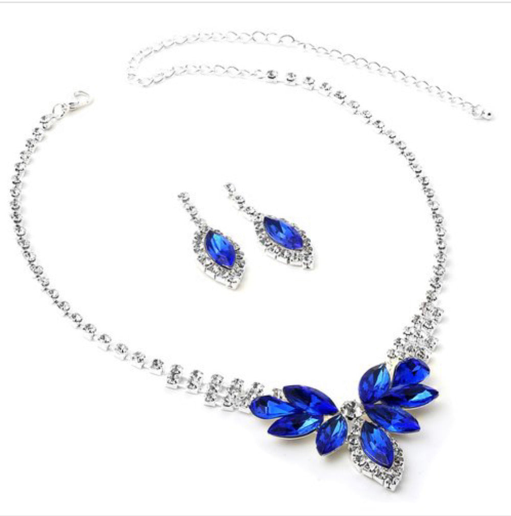 Silver Crystal Rhinestone with Indicolite Flower Pedal Stones Necklace Set - BEYOU Apparel and Accessories