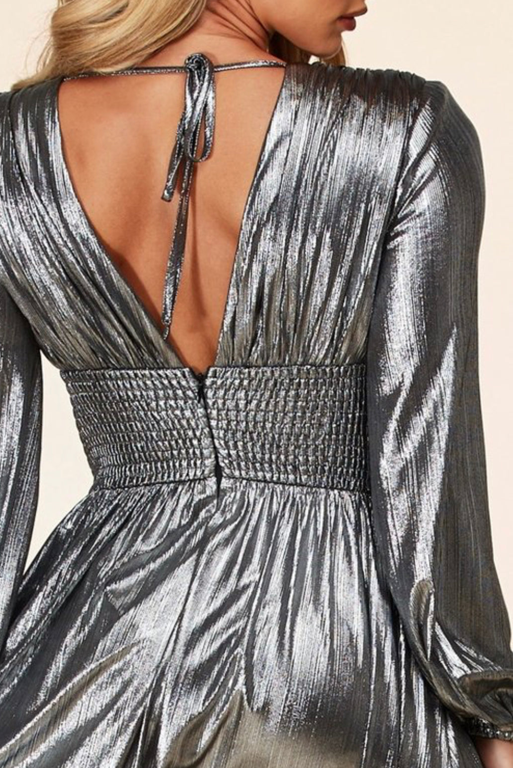 New Arrival Rustic Metallic Maxi Dress Features Surplice V neck, Smocked Waistband Atop Gathered Skirt Embellished with Rhinestone-encrusted Belt. - BEYOU Apparel and Accessories