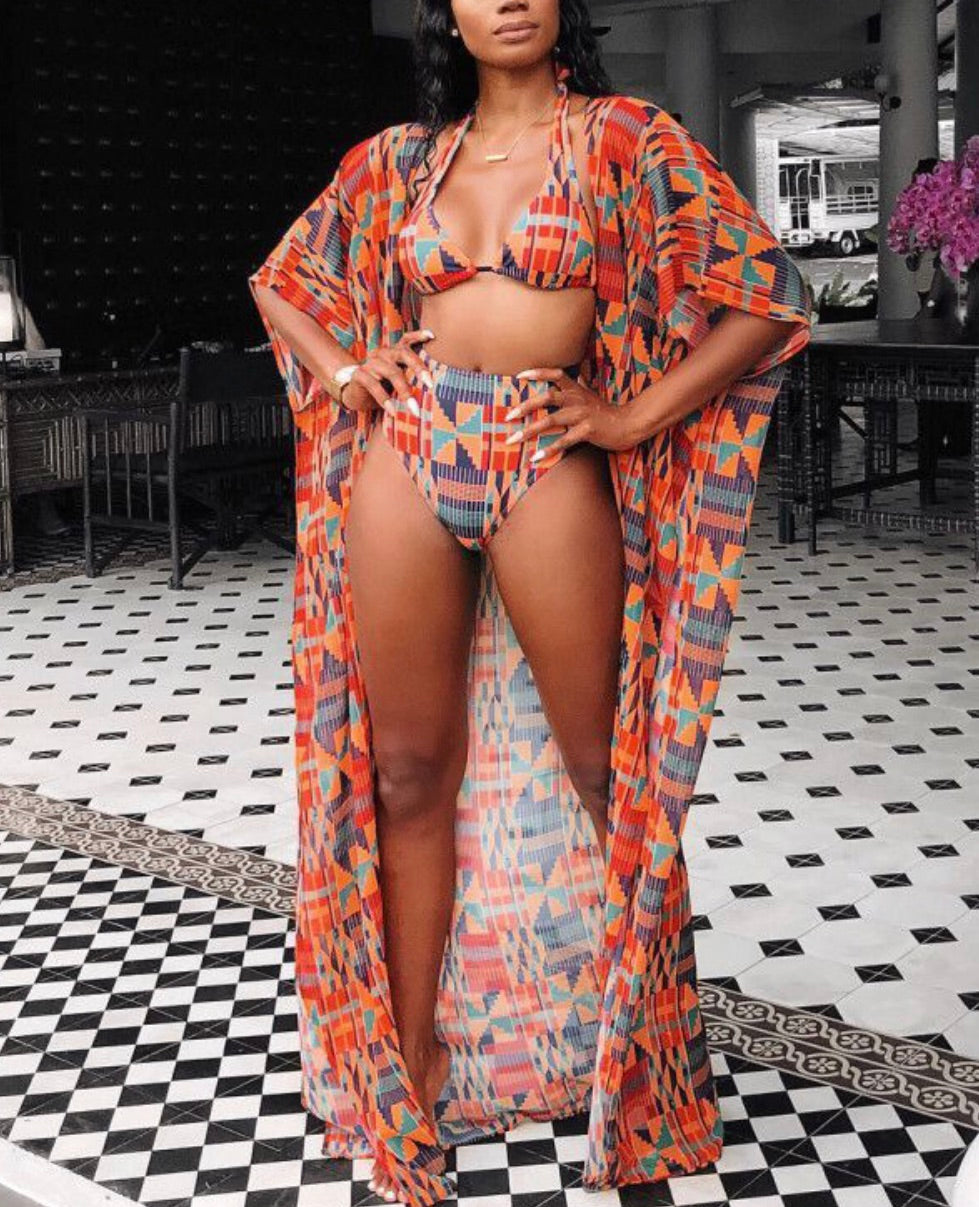 GEOMETRIC PRINTED FASHION HIGH WAISTED 2 PIECE SWIMWEAR WITH COVER UP - BEYOU Apparel and Accessories, LLC