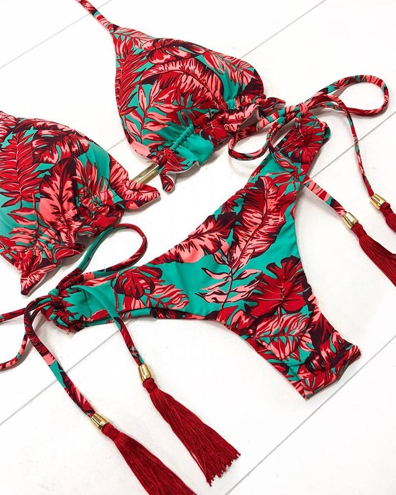 Spaghetti Strap Halter Tropical Print Bikini Set - BEYOU Apparel and Accessories, LLC