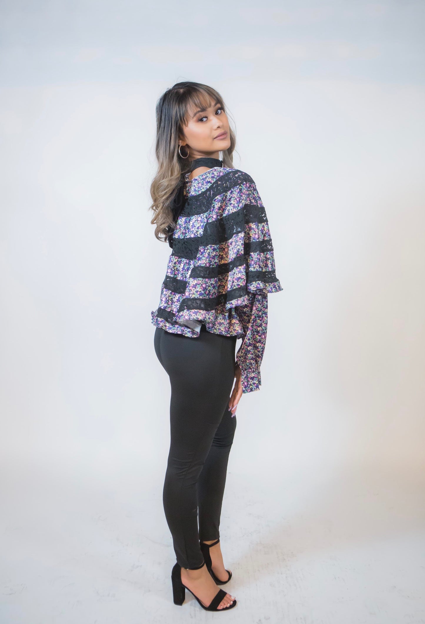 STAND COLLAR LANTERN PATCHWORK LONG SLEEVE TOP - BEYOU Apparel and Accessories, LLC