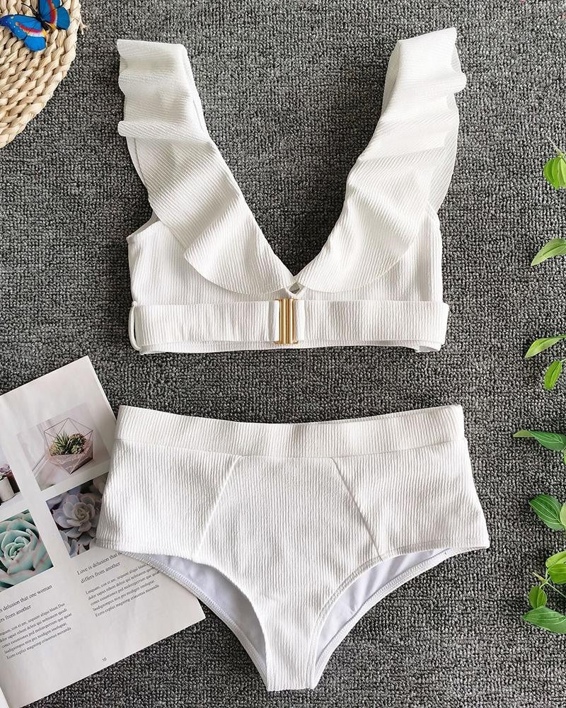 Ruffles Trim Plunge Buckle Decor Tankini Set - BEYOU Apparel and Accessories, LLC