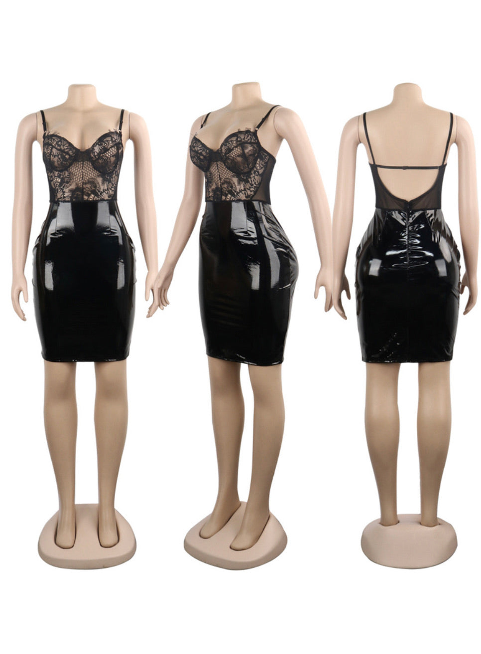 SEE THROUGH LACE PATCHWORK SPAGHETTI STRAPS MIDI DRESS - BEYOU Apparel and Accessories, LLC