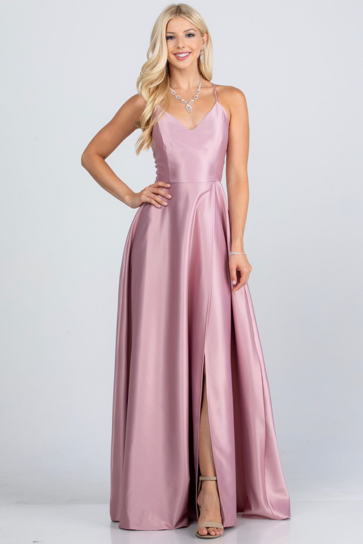 OPEN SIDE BACK SPAGHETTI ZIG ZAG TIE LONG DRESS - BEYOU Apparel and Accessories, LLC