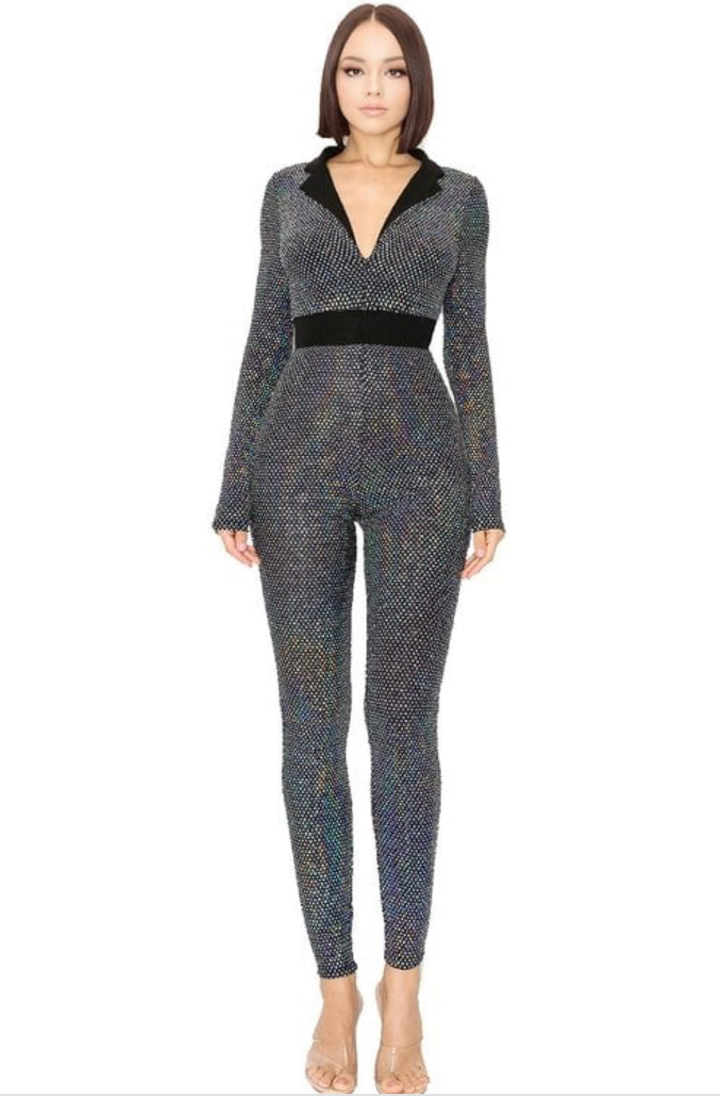 LONG SLEEVE SEQUIN DEEP V NECK JUMPSUIT New Arrival