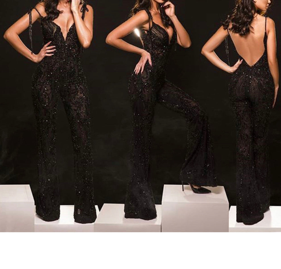 V-NECK BACKLESS SEQUINCE SLEEVELESS JUMPSUIT - BEYOU Apparel and Accessories, LLC