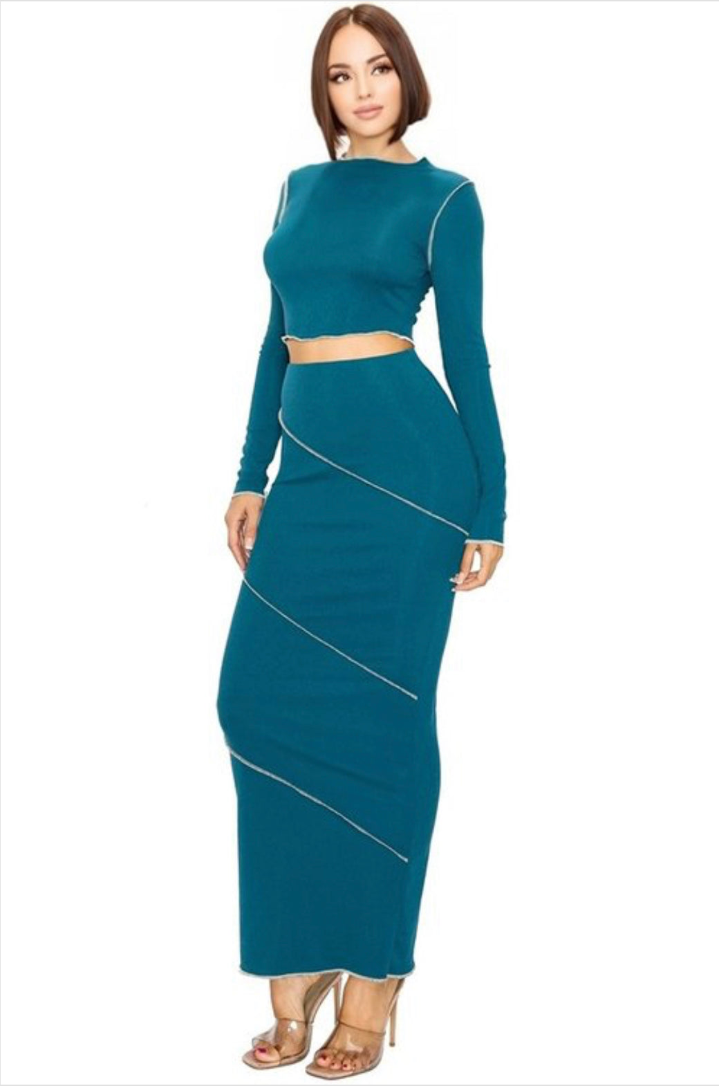 SOLID CONTRAST OVERLOCK STITCH 2 PIECE MAXI SKIRT SET New Arrival