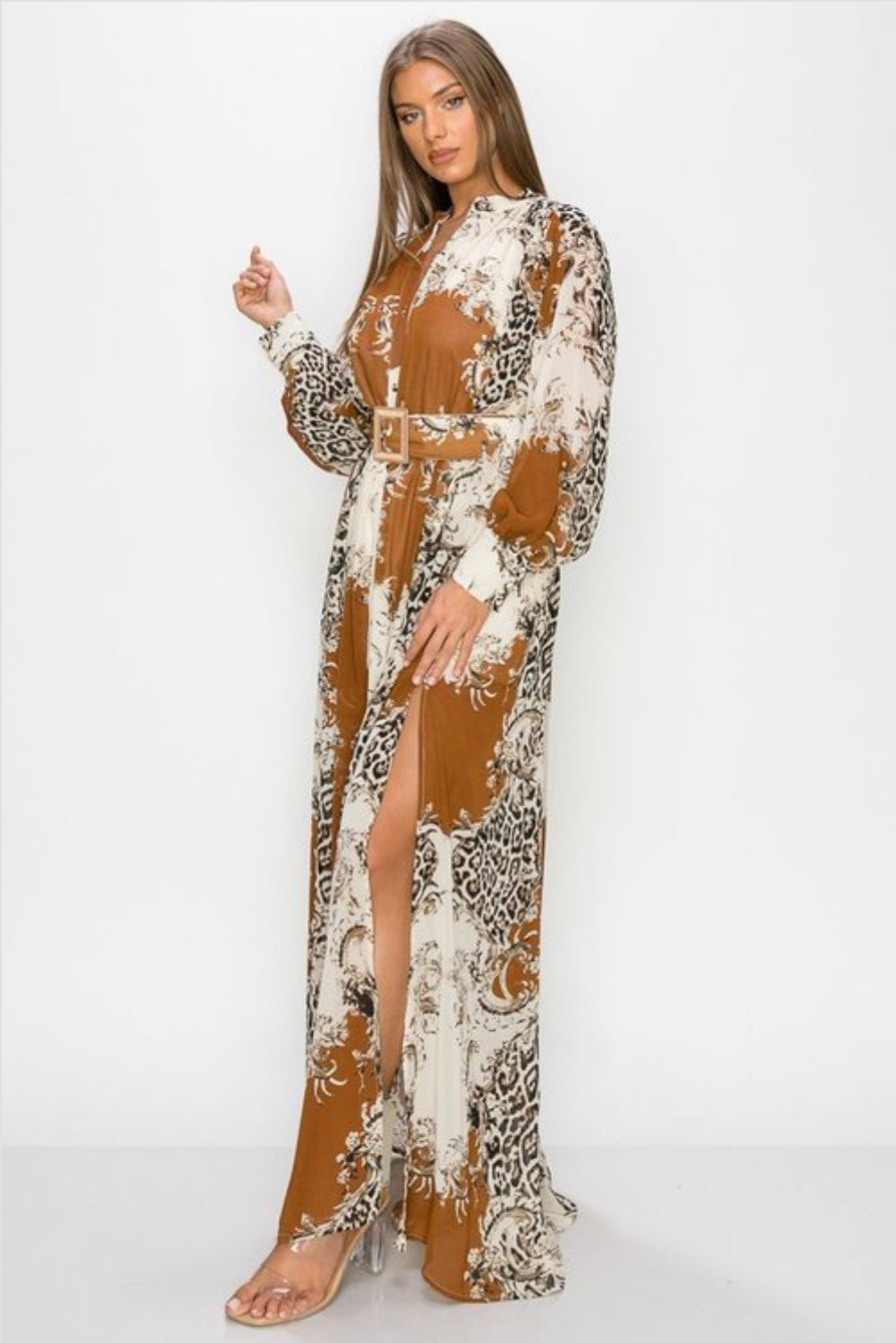 MULTI PRINTED BUTTON DOWN LONG SLEEVE BELTED BOTH SIDE SLIT MAXI DRESS NEW ARRIVAL - BEYOU Apparel and Accessories