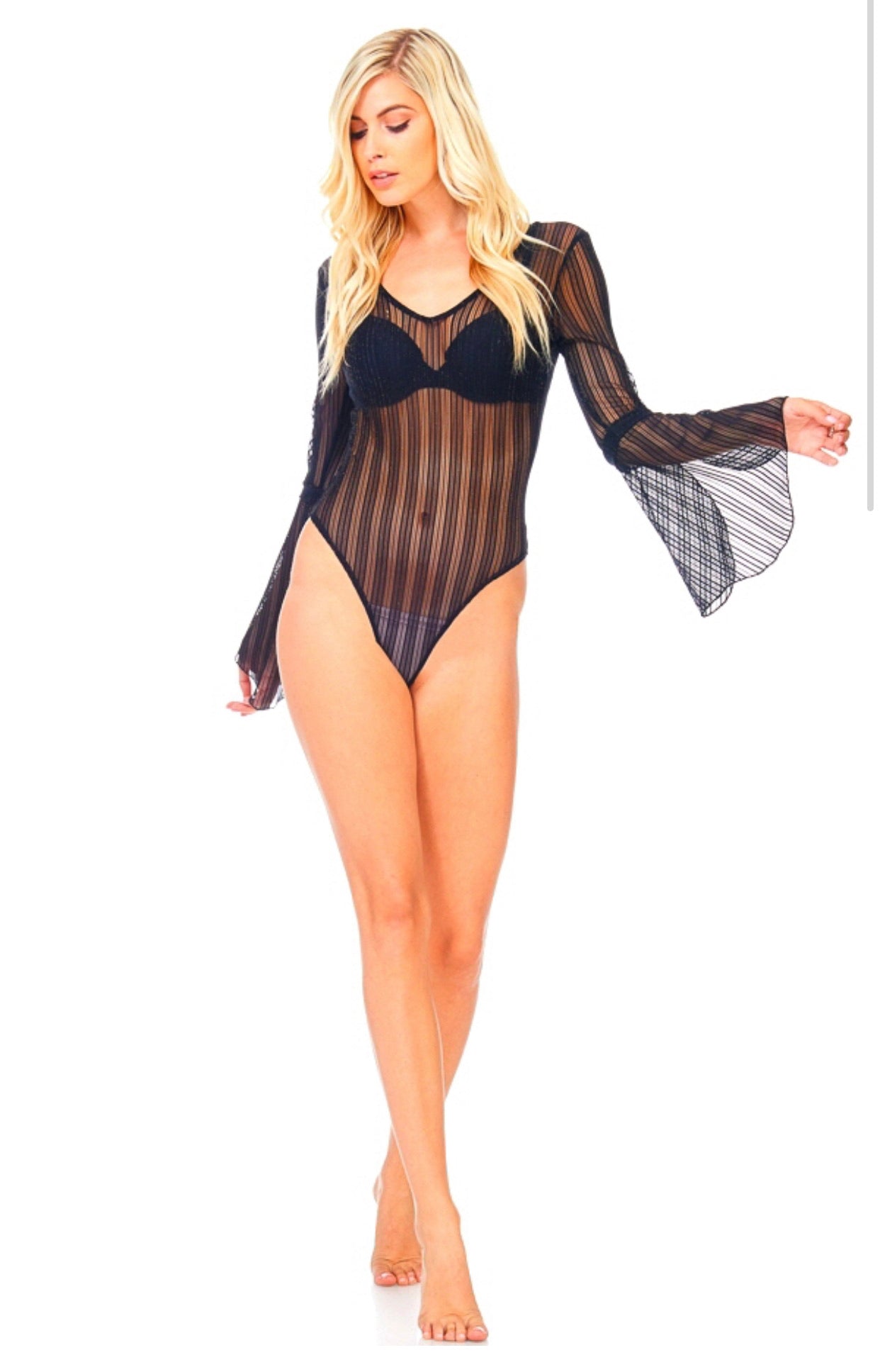 SHEER MESH-STRIPE BODYSUIT NEW ARRIVALS - BEYOU Apparel and Accessories, LLC