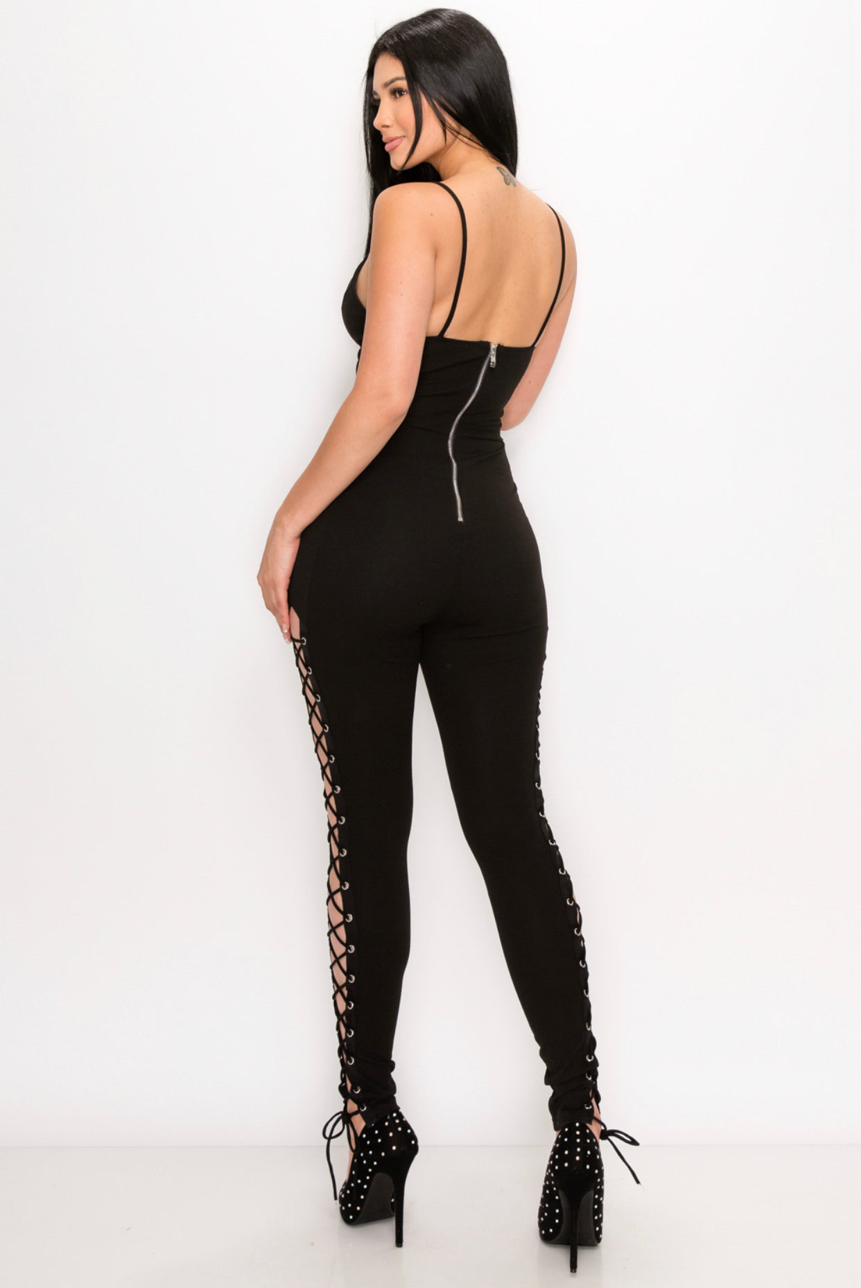 SIDE STRING CRISS CROSS EYELET METRO GAL JUMPSUIT NEW ARRIVALS - BEYOU Apparel and Accessories, LLC