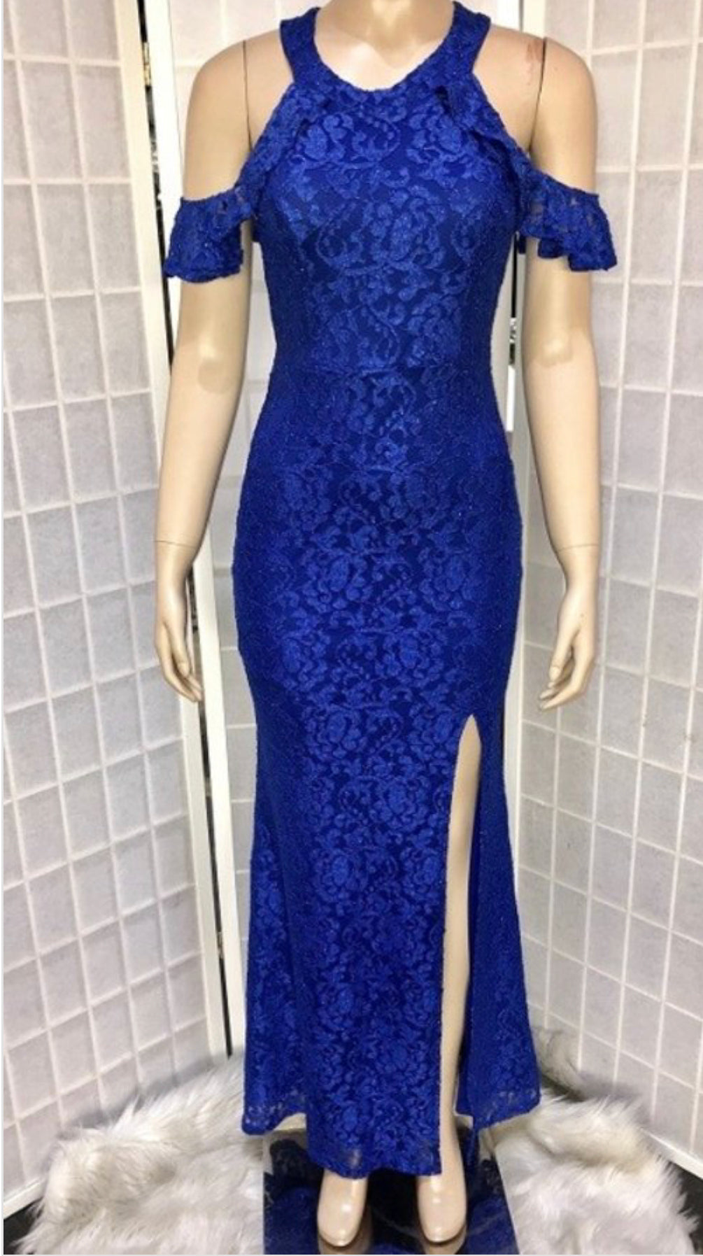 Lace Maxi Dress Mermaid Silhouette, with Ruffle Short Sleeves, Cold Shoulder, High Side Slit - BEYOU Apparel and Accessories