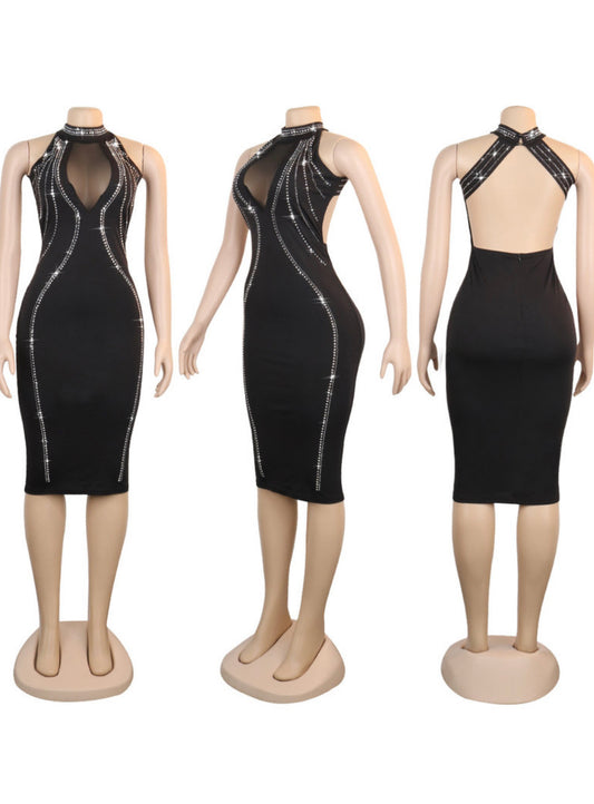 BACKLESS CROSSED STRAPS WITH RHINESTONES DESIGNS SLEEVELESS MIDI DRESS - BEYOU Apparel and Accessories, LLC