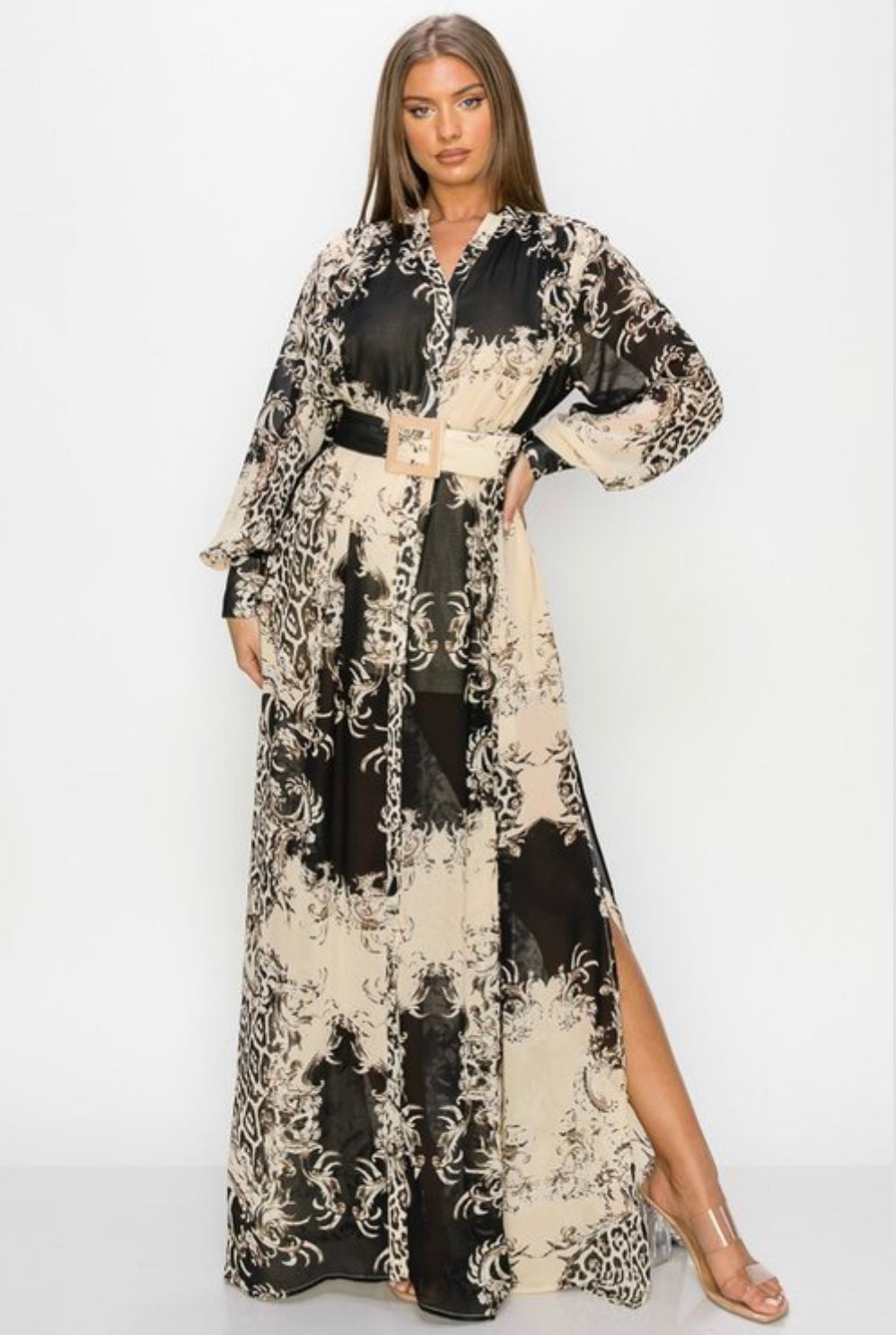 MULTI PRINTED BUTTON DOWN LONG SLEEVE BELTED BOTH SIDE SLIT MAXI DRESS NEW ARRIVAL - BEYOU Apparel and Accessories